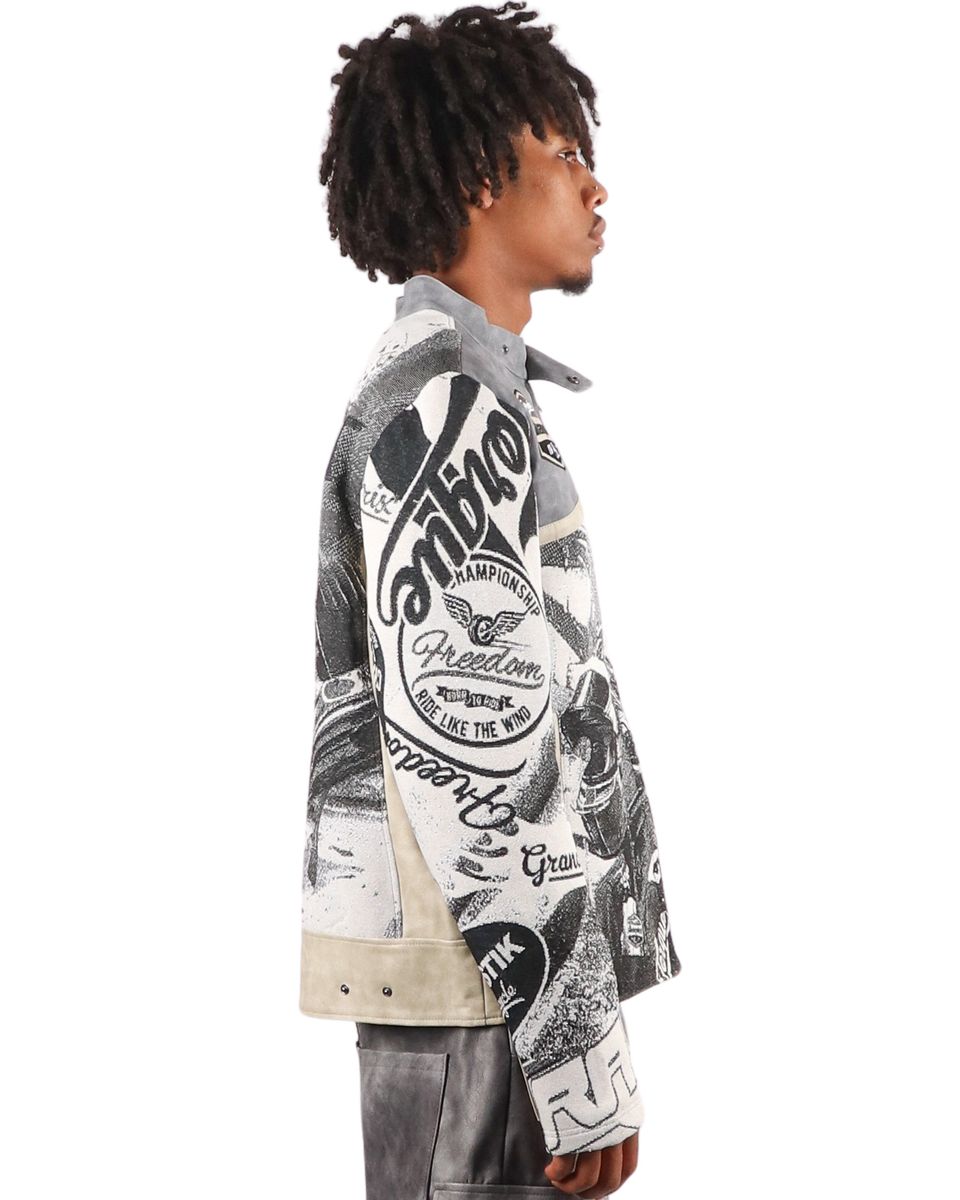 Majestik Men's Tapestry Mix Faux Leather Racing Champion Jacket Grey