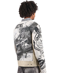 Majestik Men's Tapestry Mix Faux Leather Racing Champion Jacket Grey