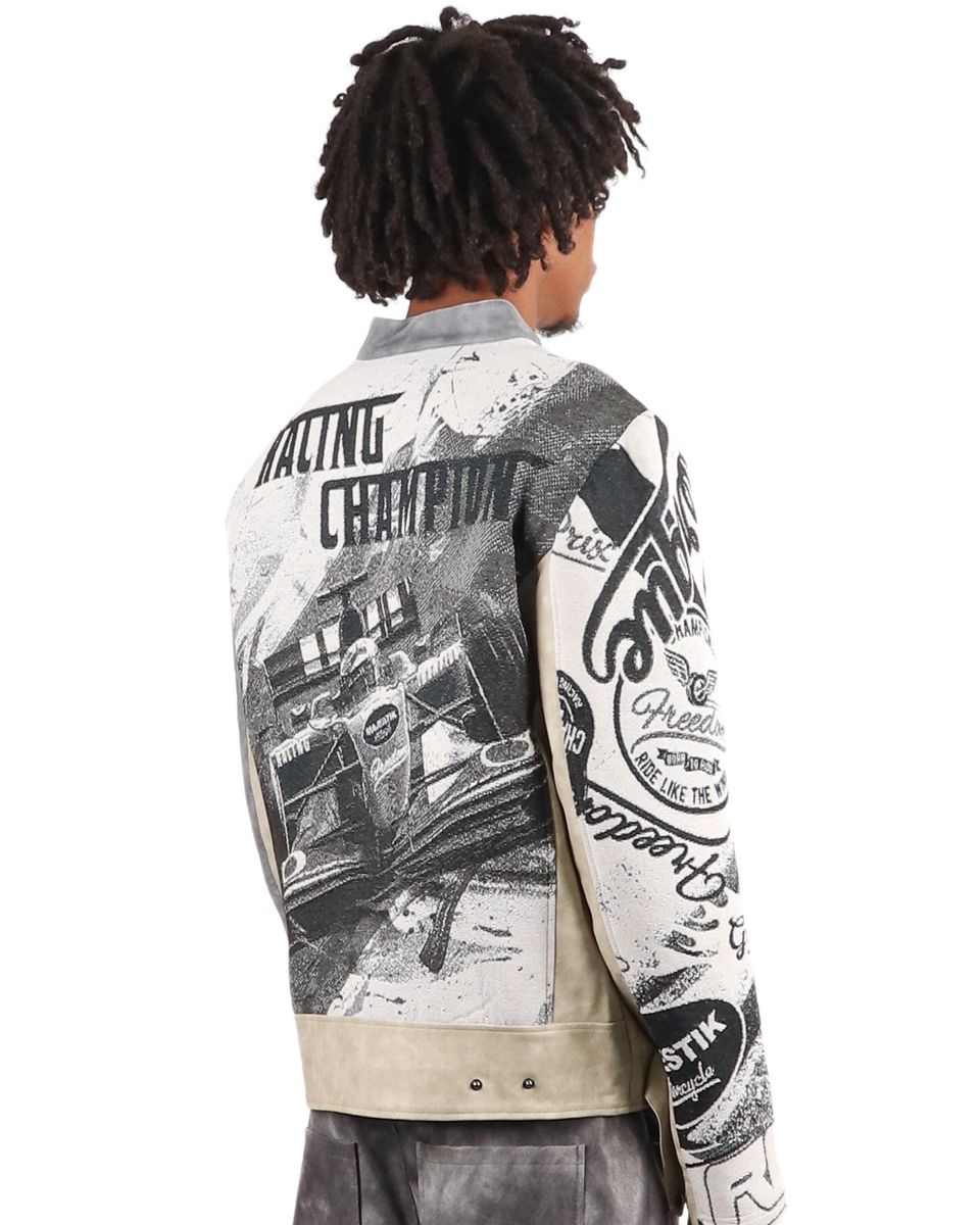 Majestik Men's Tapestry Mix Faux Leather Racing Champion Jacket Grey