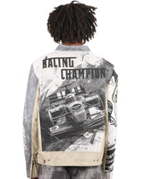 Majestik Men's Tapestry Mix Faux Leather Racing Champion Jacket Grey
