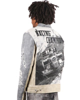 Majestik Men's Tapestry Mix Faux Leather Racing Champion Jacket Grey