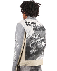 Majestik Men's Tapestry Mix Faux Leather Racing Champion Jacket Grey