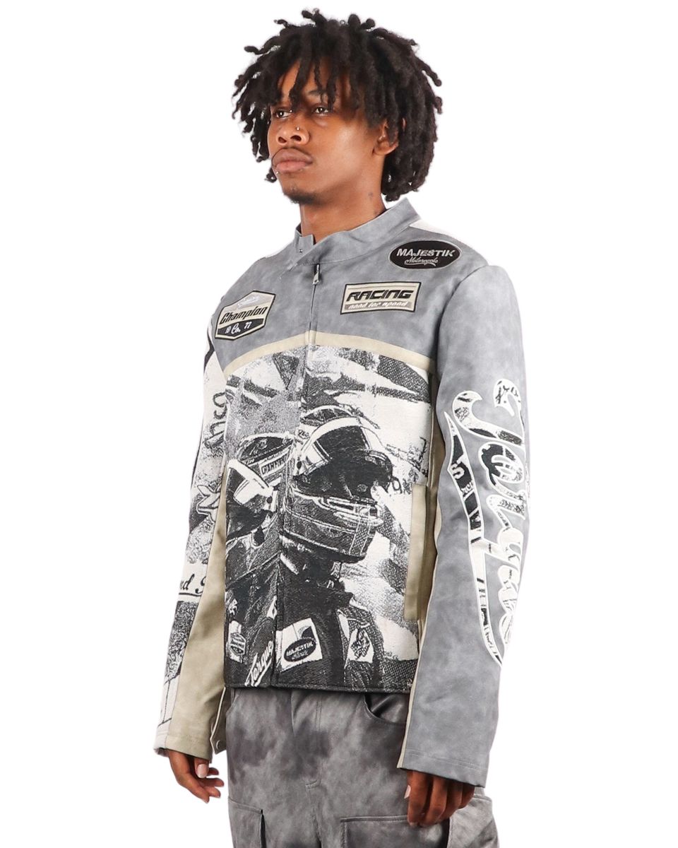 Majestik Men's Tapestry Mix Faux Leather Racing Champion Jacket Grey