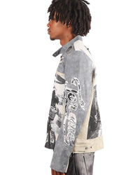 Majestik Men's Tapestry Mix Faux Leather Racing Champion Jacket Grey