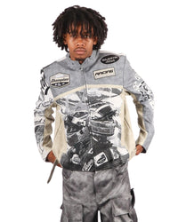 Majestik Men's Tapestry Mix Faux Leather Racing Champion Jacket Grey