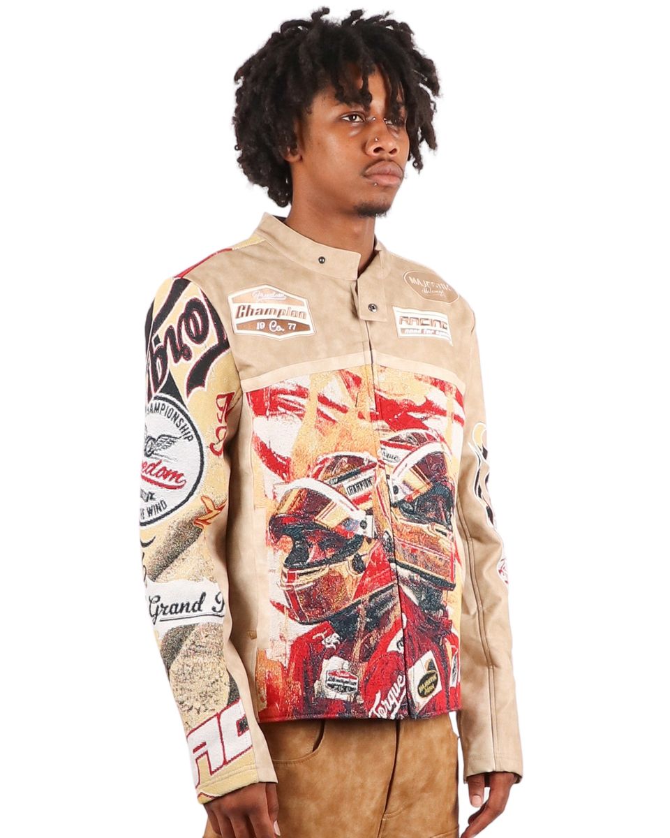 Majestik Men's Tapestry Mix Faux Leather Racing Champion Jacket Beige