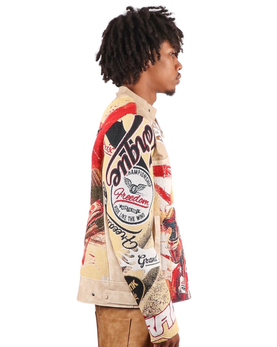 Majestik Men's Tapestry Mix Faux Leather Racing Champion Jacket Beige