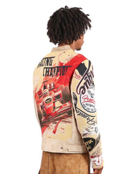 Majestik Men's Tapestry Mix Faux Leather Racing Champion Jacket Beige