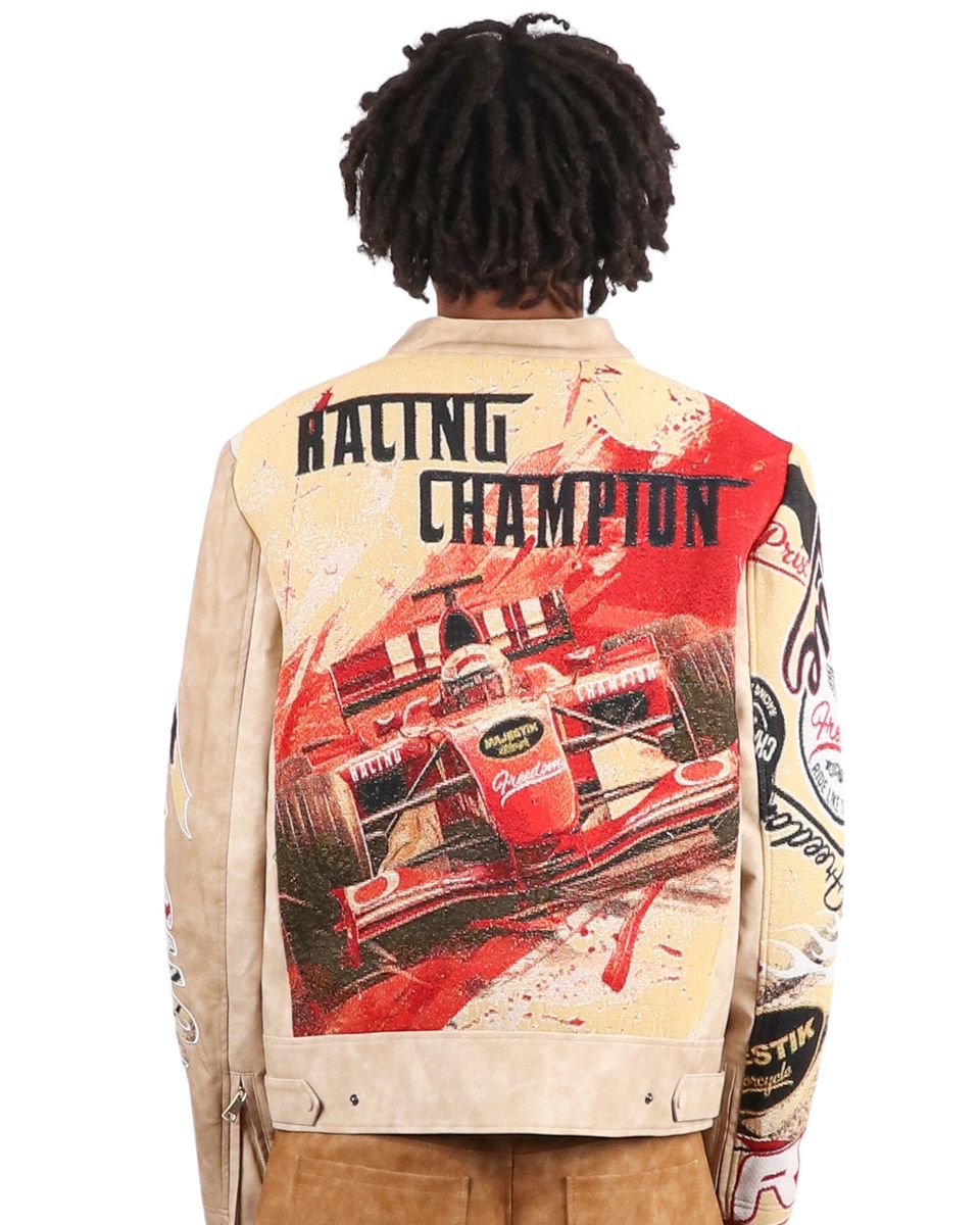 Majestik Men's Tapestry Mix Faux Leather Racing Champion Jacket Beige