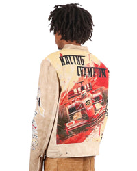 Majestik Men's Tapestry Mix Faux Leather Racing Champion Jacket Beige