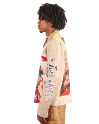 Majestik Men's Tapestry Mix Faux Leather Racing Champion Jacket Beige