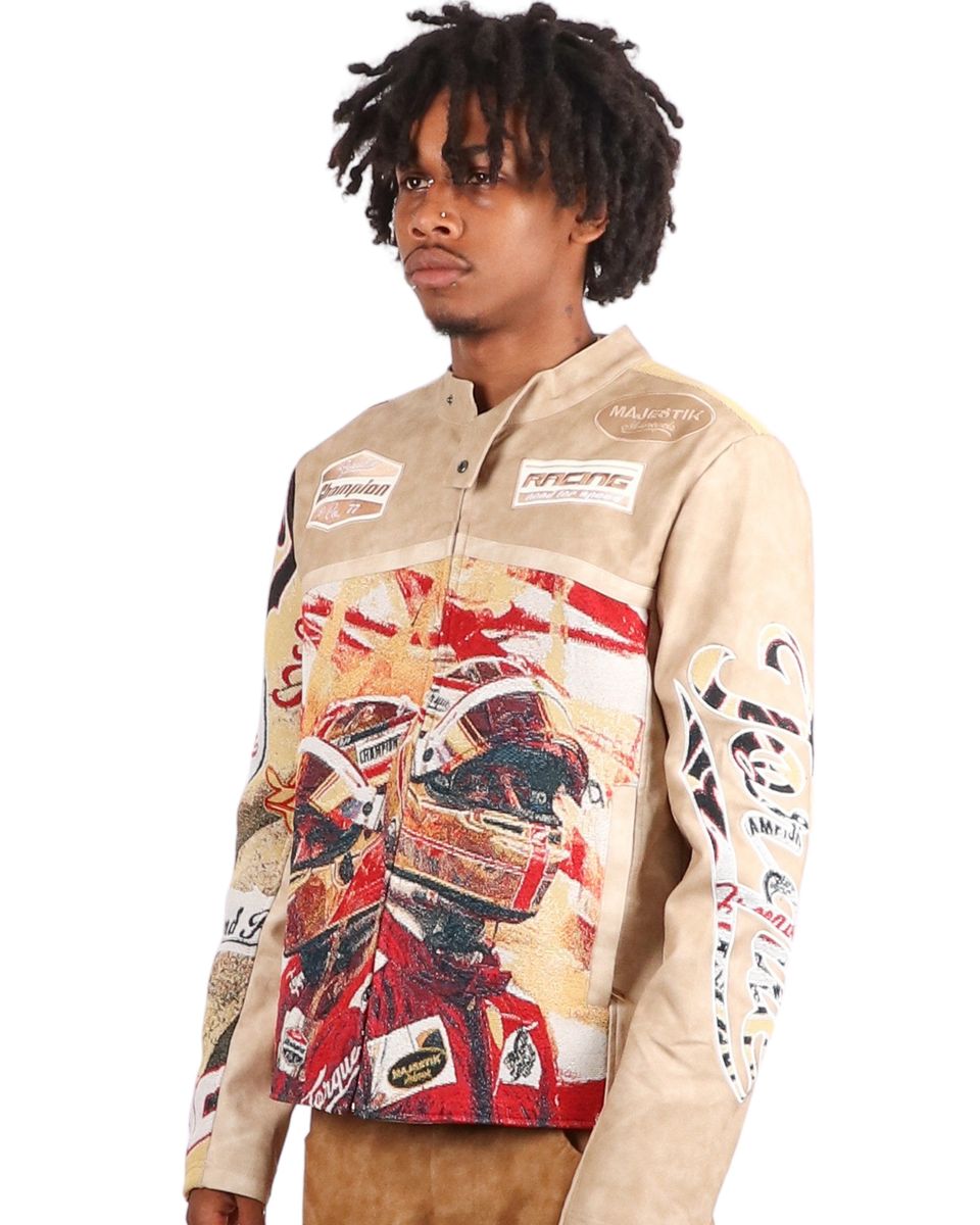 Majestik Men's Tapestry Mix Faux Leather Racing Champion Jacket Beige