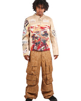 Majestik Men's Tapestry Mix Faux Leather Racing Champion Jacket Beige