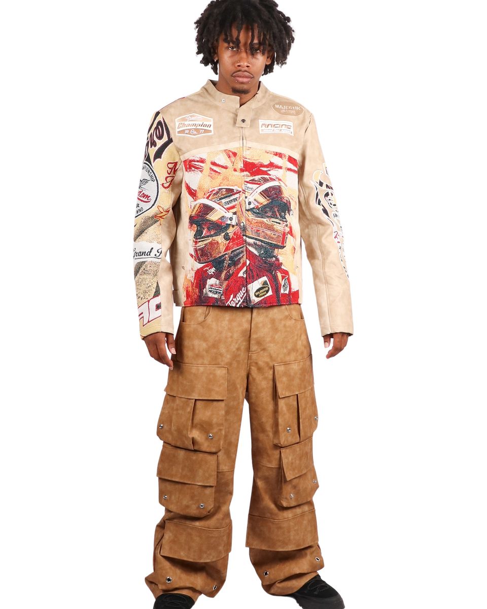 Majestik Men's Tapestry Mix Faux Leather Racing Champion Jacket Beige