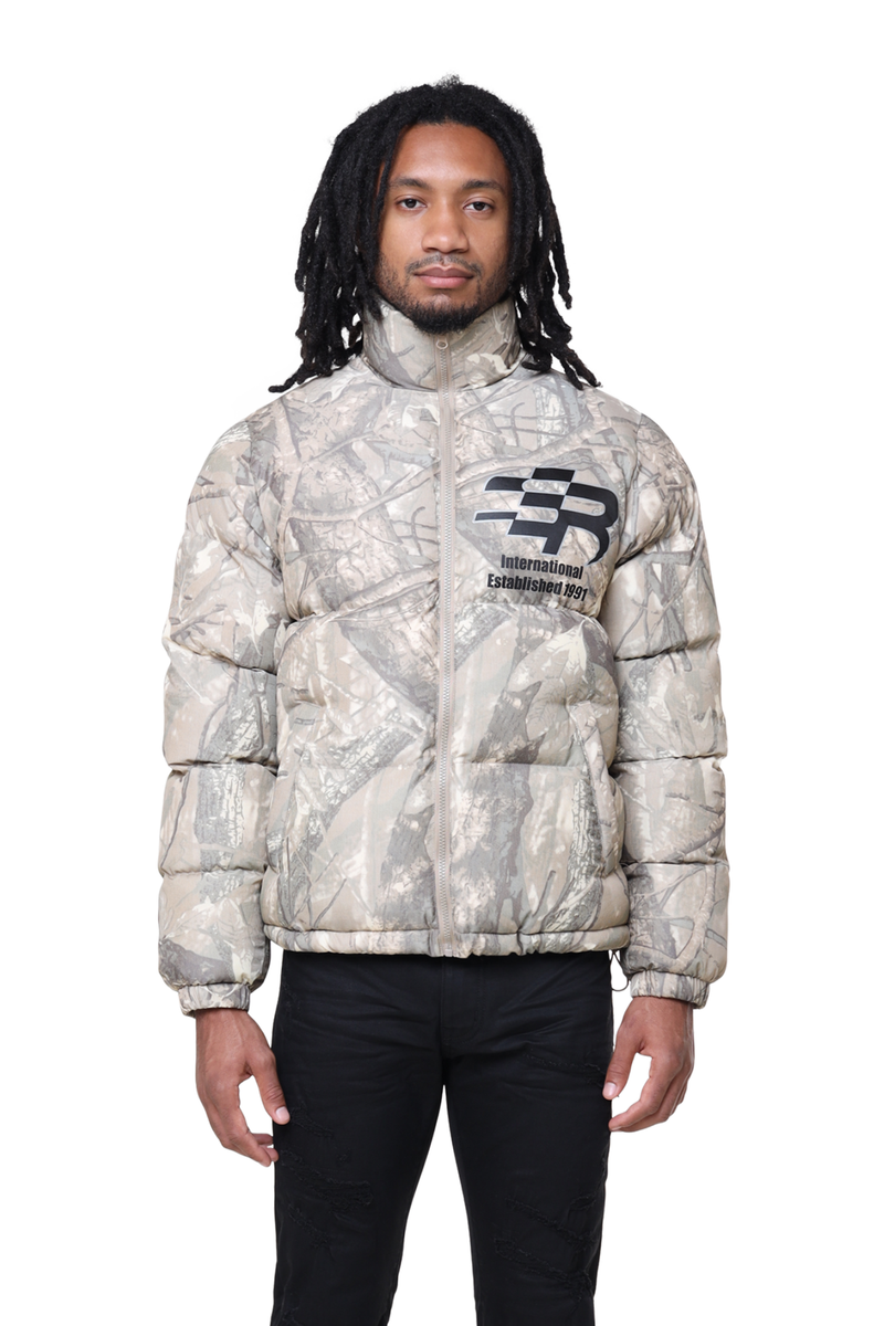 Smoke rise Khaki hunting camo printed puffer jacket