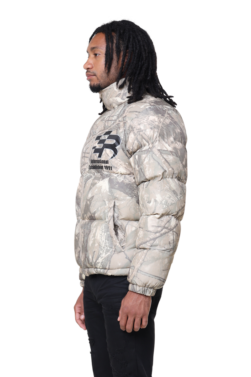 Smoke rise Khaki hunting camo printed puffer jacket