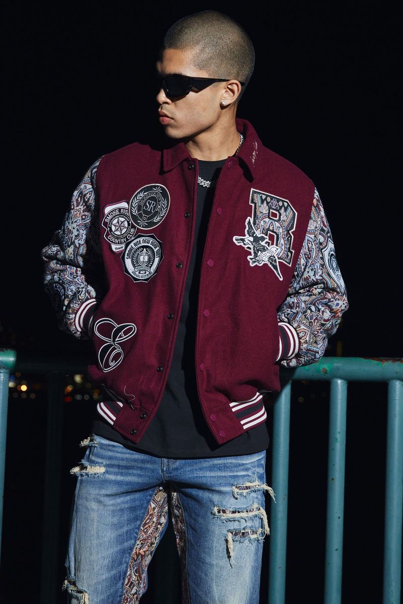 Smoke rise wine studded patch varsity jacket