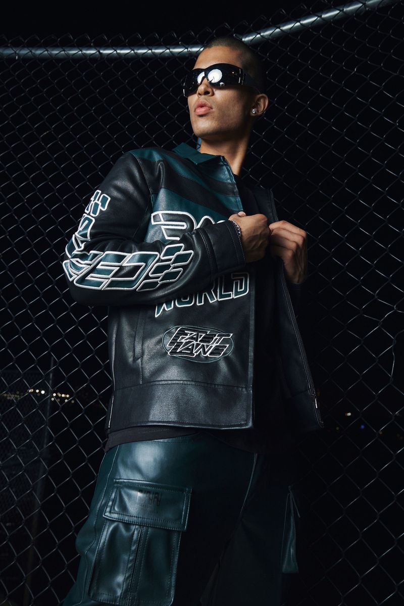 Smoke rise teal vegan leather racing jacket