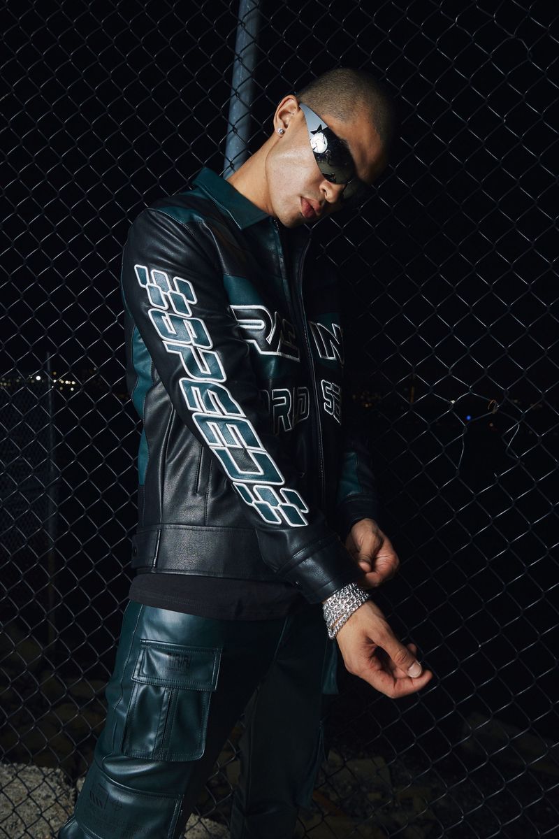 Smoke rise teal vegan leather racing jacket