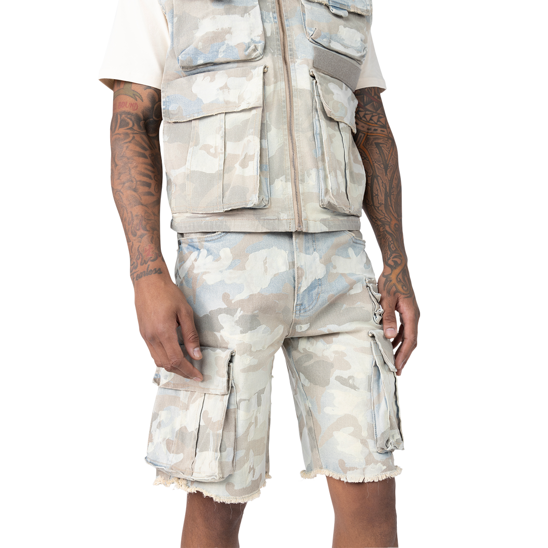 Smoke Rise Camo Flocked Fashion Denim Shorts Sahara Camo