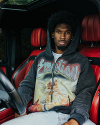 Mixed Emotion Rhinestone Hoodie Black Acid wash