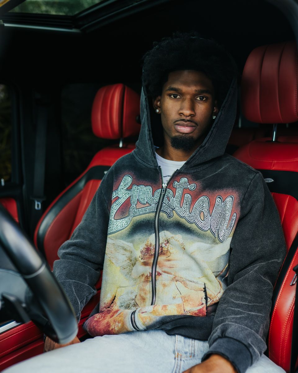 Mixed Emotion Rhinestone Hoodie Black Acid wash