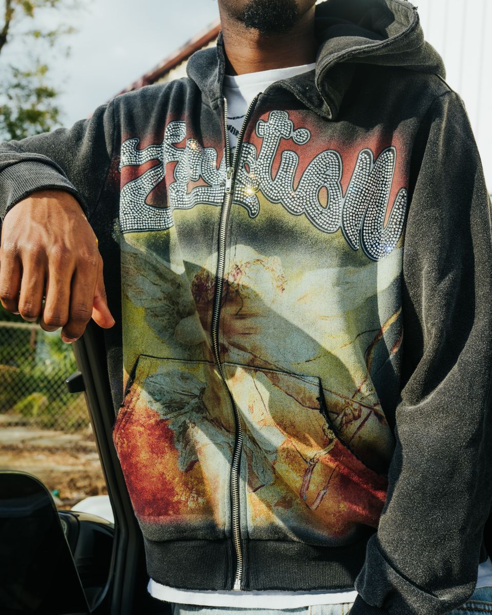 Mixed Emotion Rhinestone Hoodie Black Acid wash