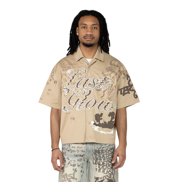 Smoke Rise Cropped Oversized Button Down Shirt Beige