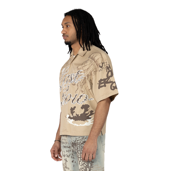 Smoke Rise Cropped Oversized Button Down Shirt Beige