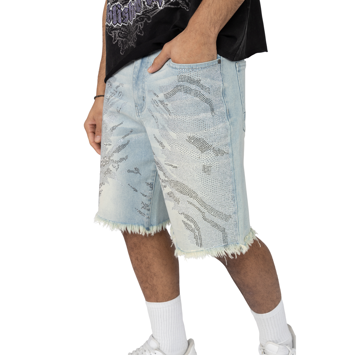 Smoke Rise Rhinestone Jean Shorts Lucent Blue