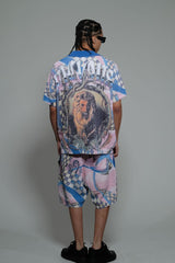 Vicious Denim Knitted Crochet Button Down Short Set – Blue/Pink