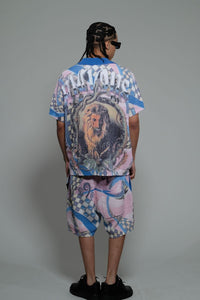 Vicious Denim Knitted Crochet Button Down Short Set – Blue/Pink