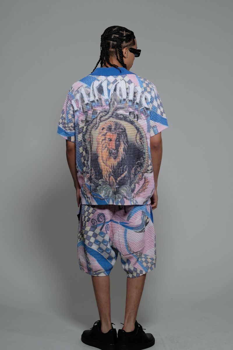 Vicious Denim Knitted Crochet Button Down Short Set – Blue/Pink