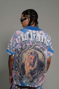 Vicious Denim Knitted Crochet Button Down Short Set – Blue/Pink