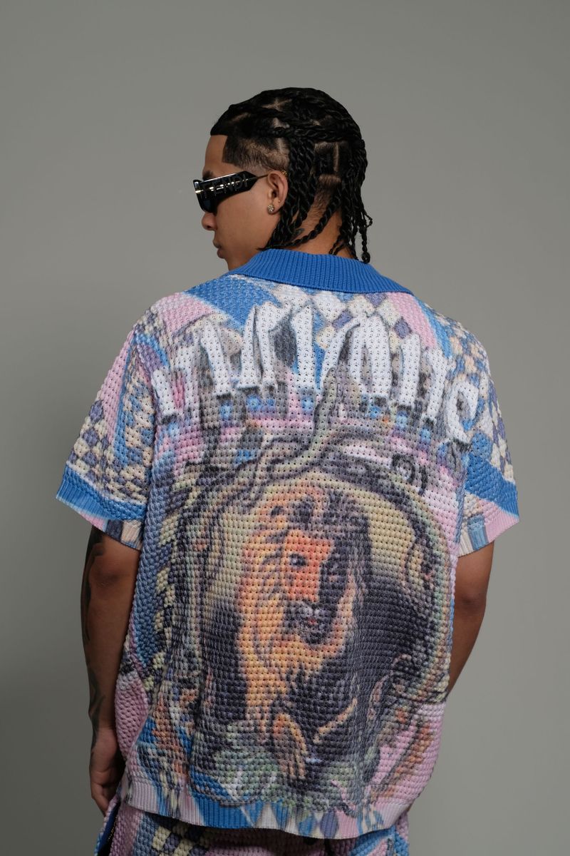 Vicious Denim Knitted Crochet Button Down Short Set – Blue/Pink