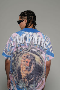 Vicious Denim Knitted Crochet Button Down Short Set – Blue/Pink