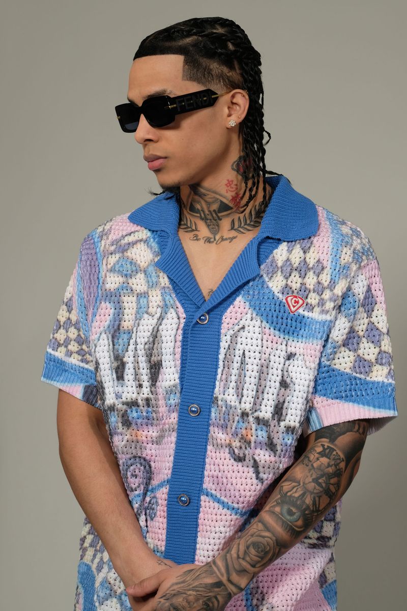 Vicious Denim Knitted Crochet Button Down Short Set – Blue/Pink