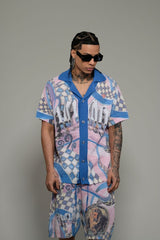 Vicious Denim Knitted Crochet Button Down Short Set – Blue/Pink