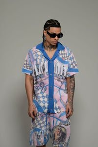 Vicious Denim Knitted Crochet Button Down Short Set – Blue/Pink