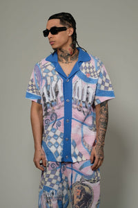 Vicious Denim Knitted Crochet Button Down Short Set – Blue/Pink