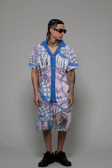 Vicious Denim Knitted Crochet Button Down Short Set – Blue/Pink