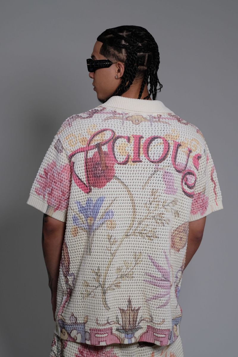 Vicious Denim Knitted Crochet Printed Button Down Set – Cream