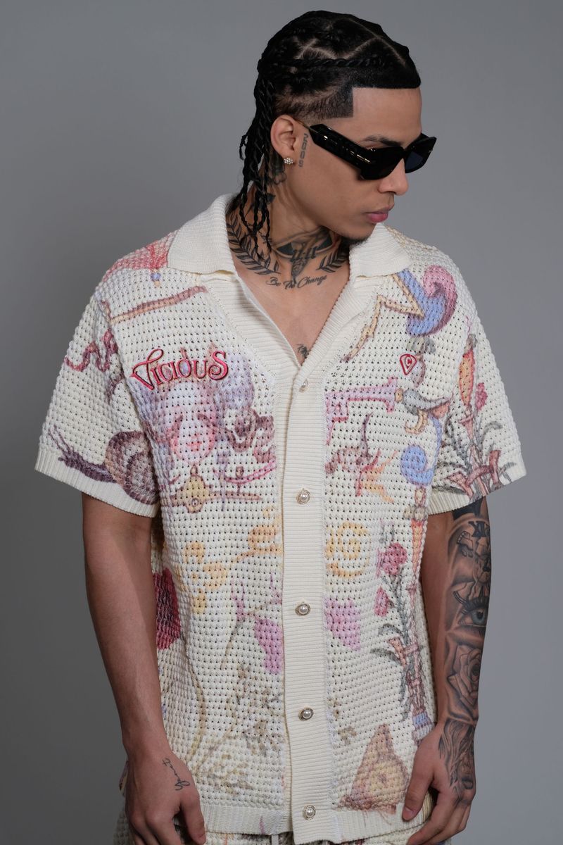 Vicious Denim Knitted Crochet Printed Button Down Set – Cream