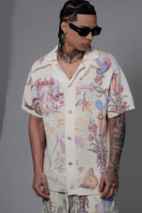 Vicious Denim Knitted Crochet Printed Button Down Set – Cream