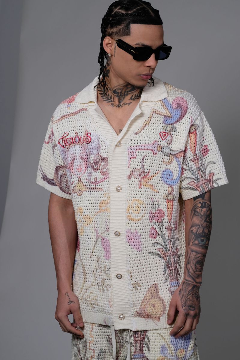 Vicious Denim Knitted Crochet Printed Button Down Set – Cream
