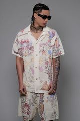 Vicious Denim Knitted Crochet Printed Button Down Set – Cream