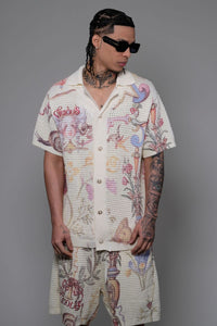 Vicious Denim Knitted Crochet Printed Button Down Set – Cream