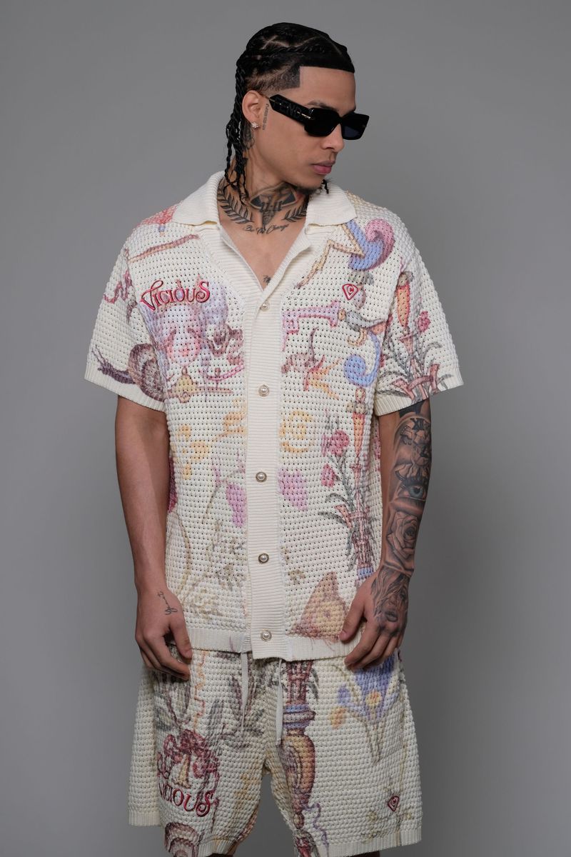 Vicious Denim Knitted Crochet Printed Button Down Set – Cream