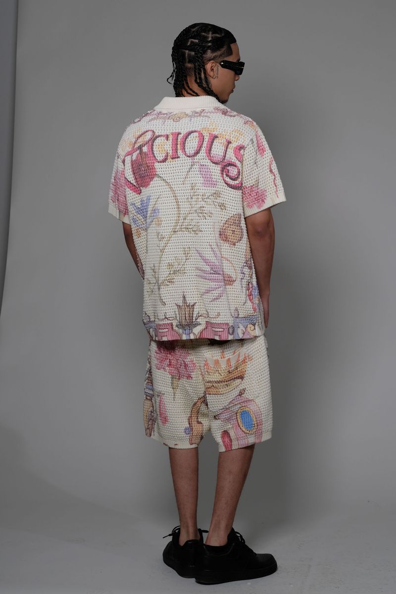 Vicious Denim Knitted Crochet Printed Button Down Set – Cream