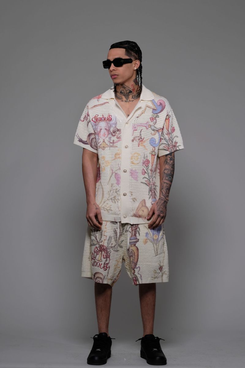 Vicious Denim Knitted Crochet Printed Button Down Set – Cream